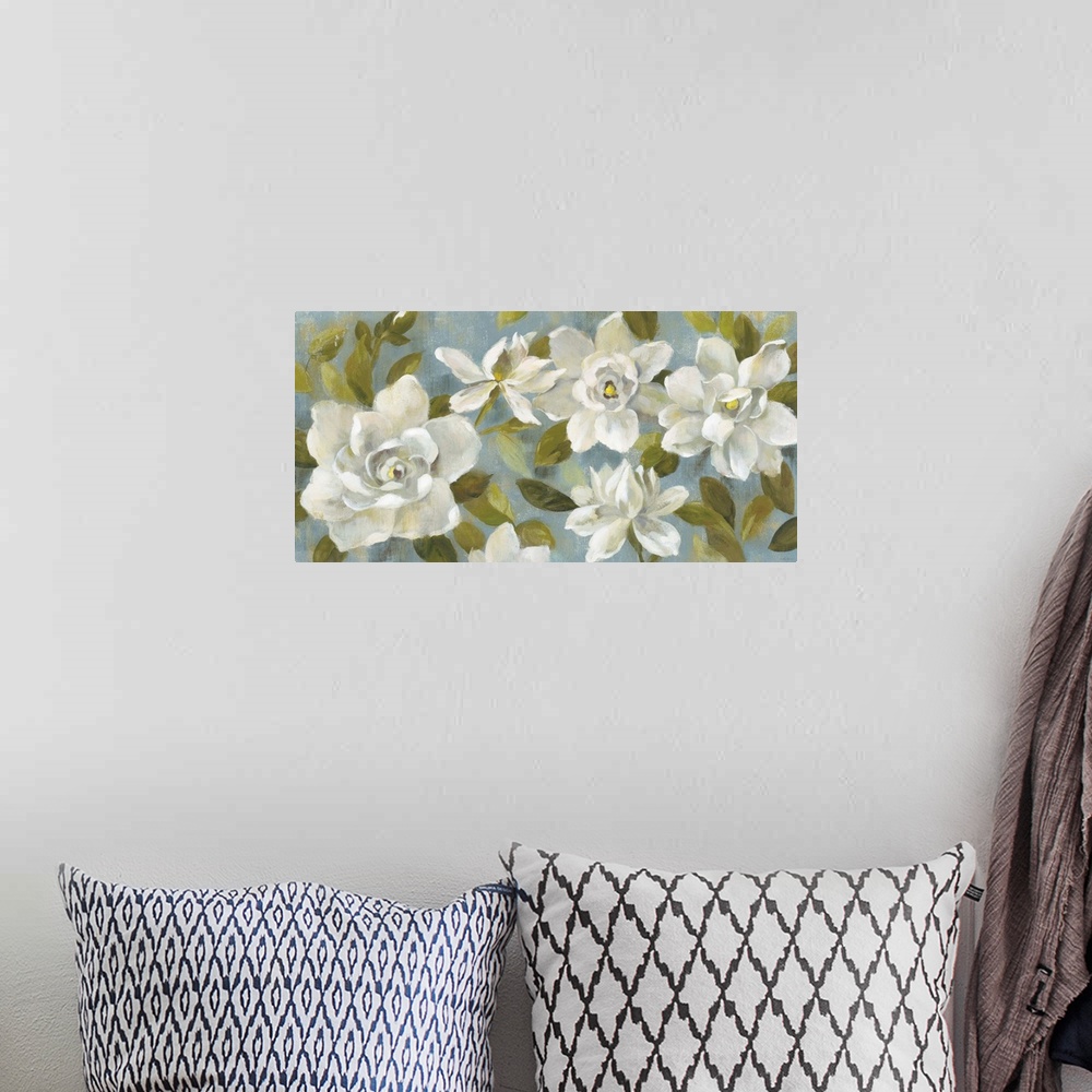 A bohemian room featuring Rectangular contemporary painting of white Gardenias on a slate blue background.
