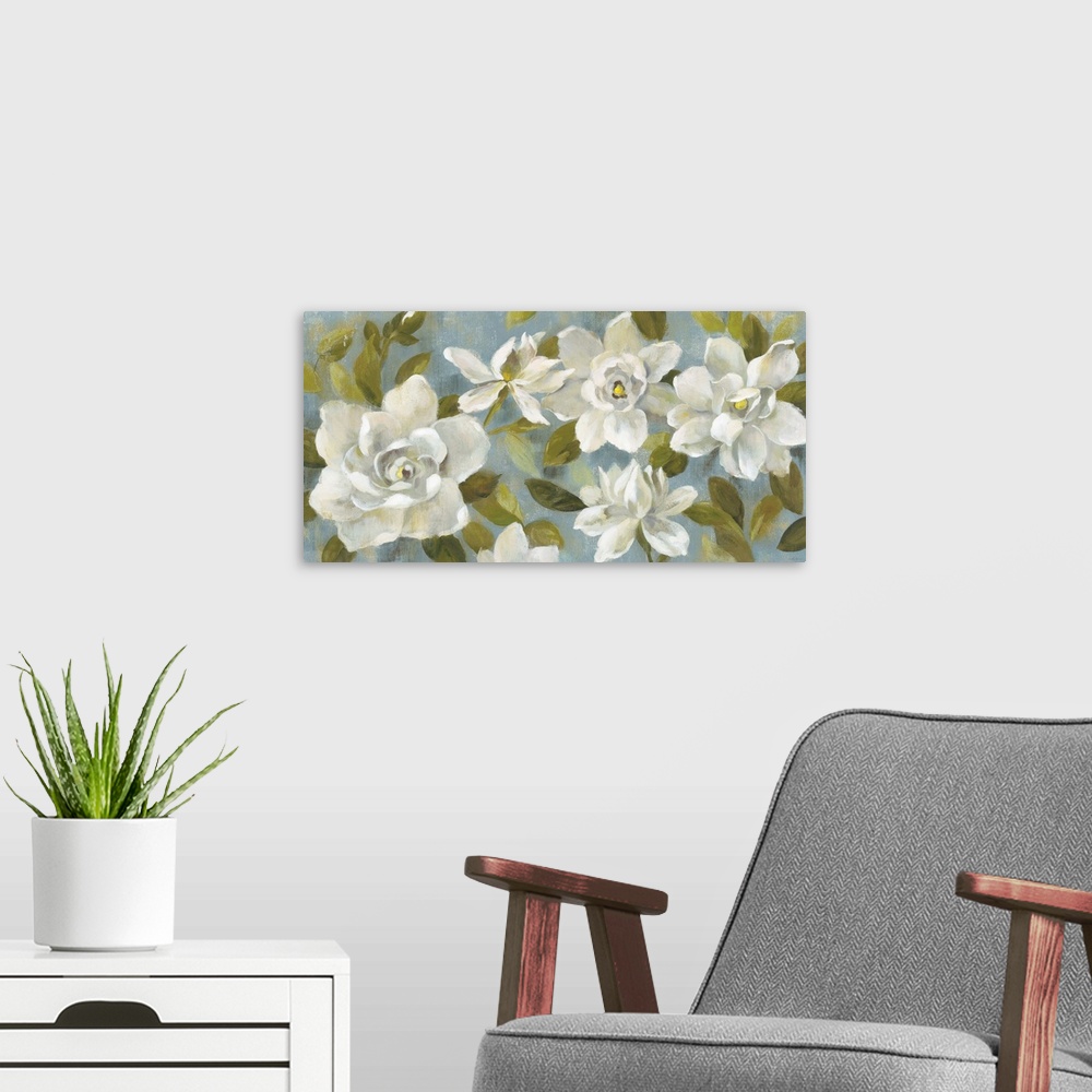 A modern room featuring Rectangular contemporary painting of white Gardenias on a slate blue background.