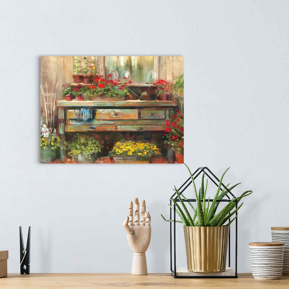 A bohemian room featuring Contemporary painting of potted flowers sitting outside a shed.