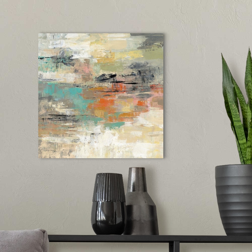 A modern room featuring Contemporary abstract artwork in neutral colors with a teal and orange center.