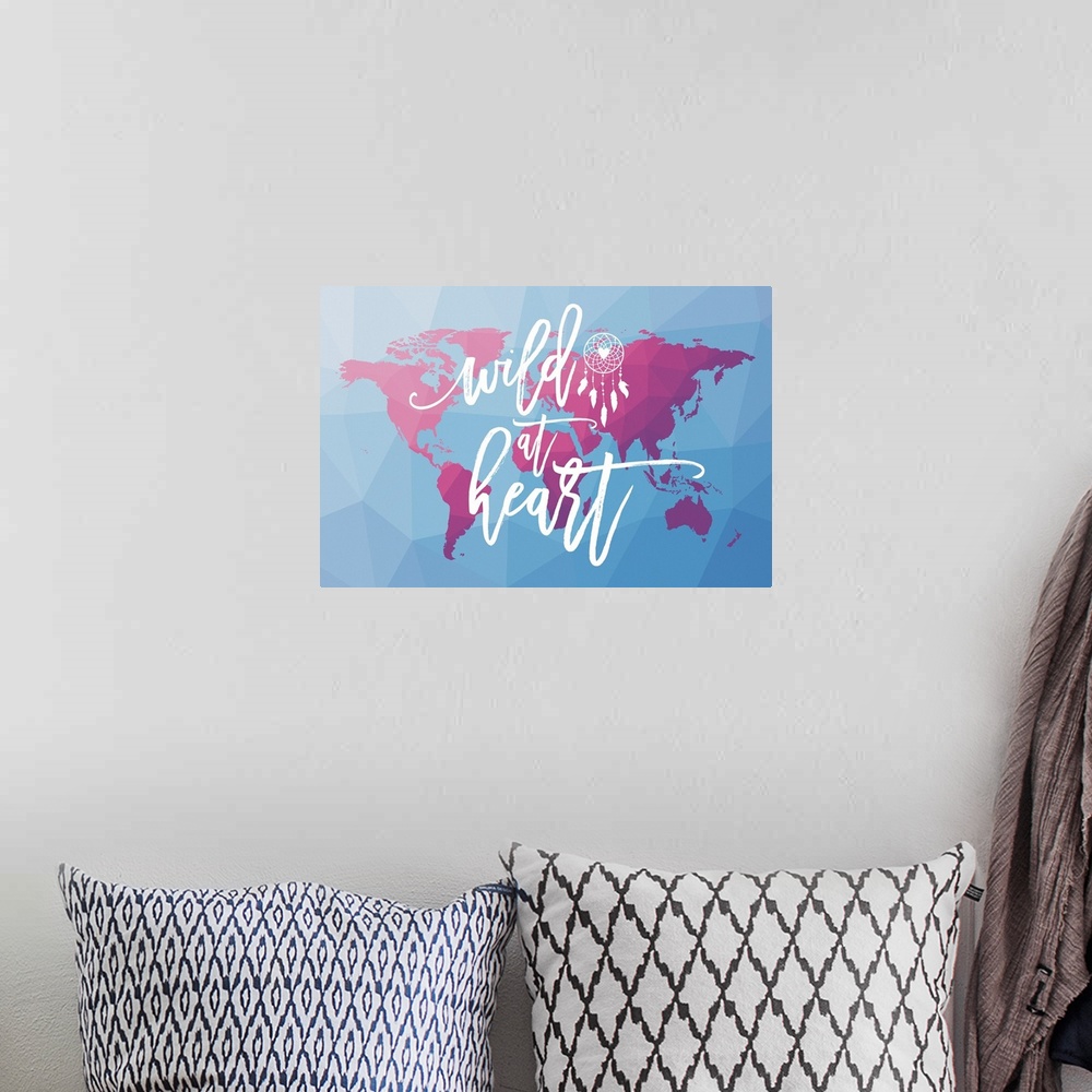 A bohemian room featuring Geometric map of the World in purple and pink tones on a blue background with "Wild at Heart" han...