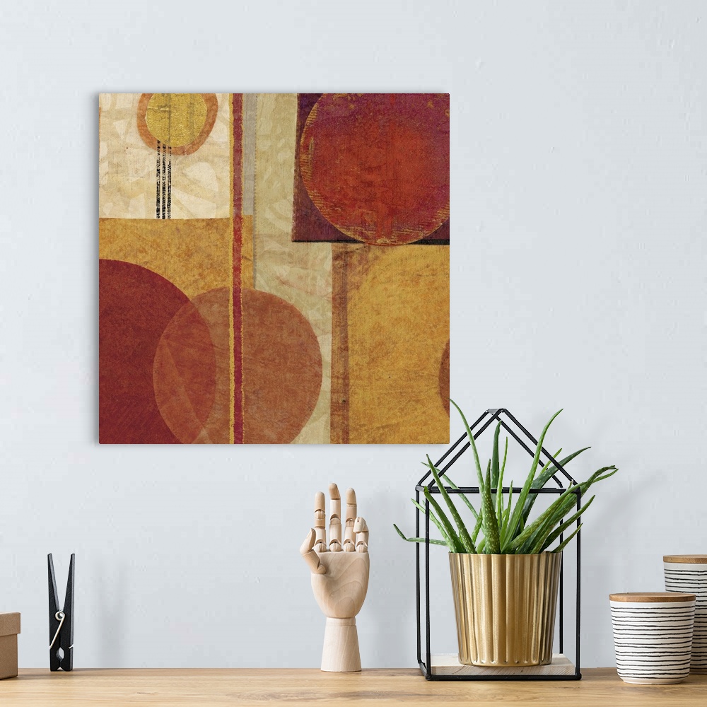 A bohemian room featuring Contemporary abstract painting of overlapping squares, circles, and vertical lines.