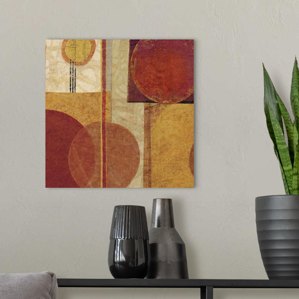 A modern room featuring Contemporary abstract painting of overlapping squares, circles, and vertical lines.
