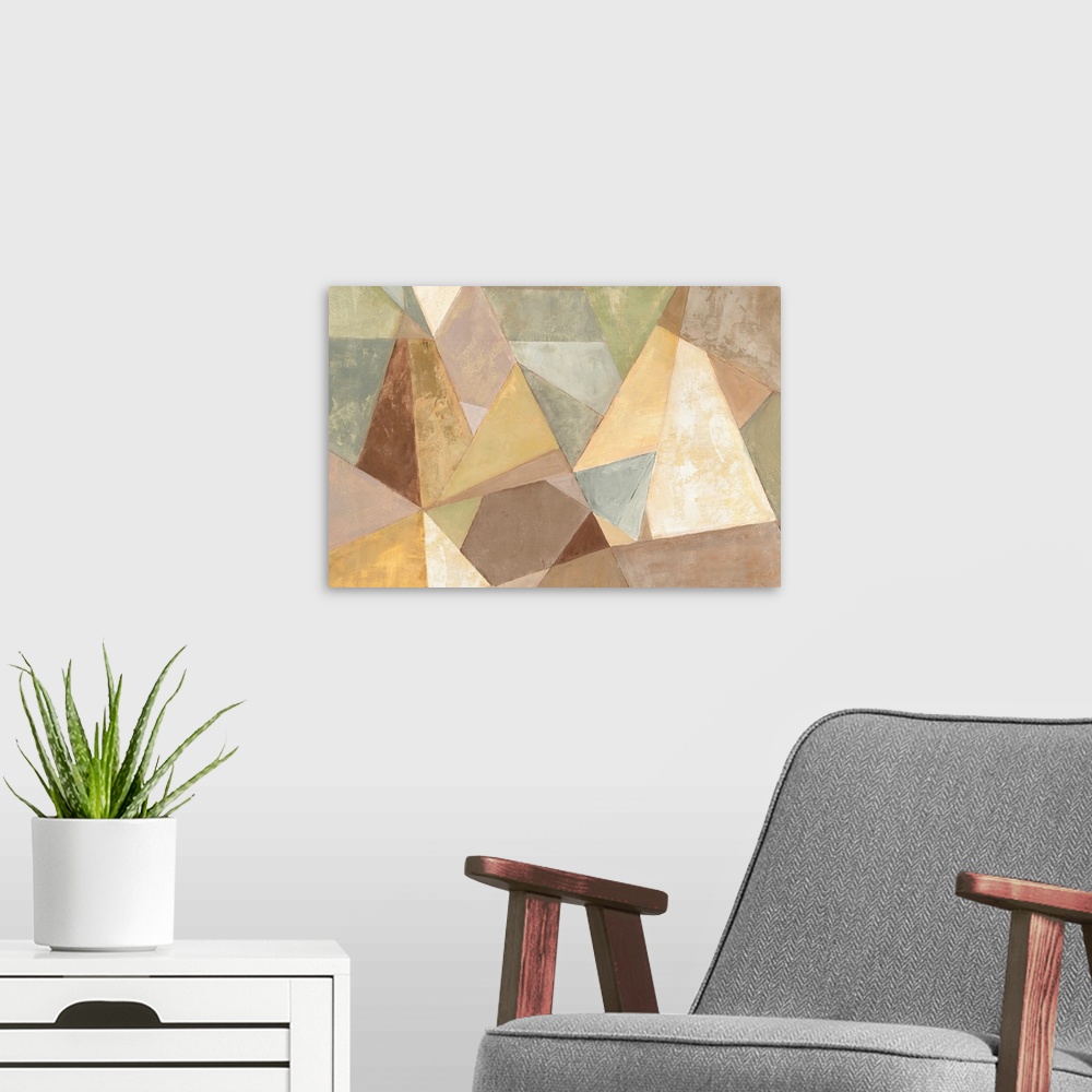 A modern room featuring A contemporary abstract painting of prismatic geometric shapes in neutral earthy tones.