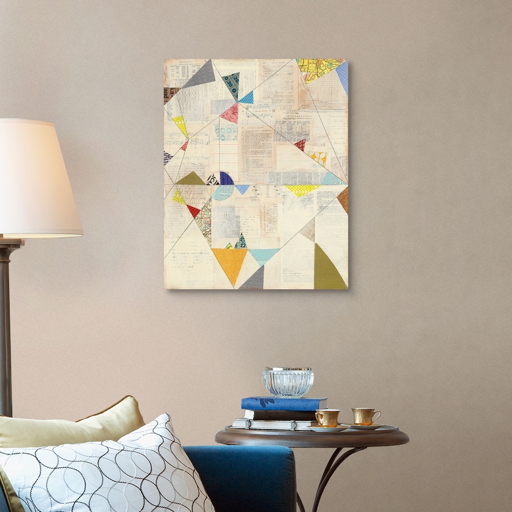 A traditional room featuring Geometric abstract artwork with colorful triangle shapes.