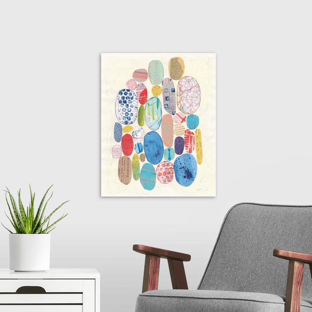 A modern room featuring Mixed media artwork with cut out oblong shapes placed together in the middle of a white backgroun...