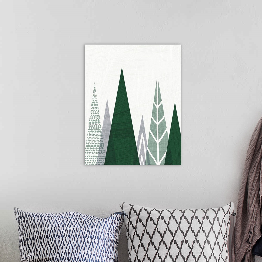 A bohemian room featuring Geometric Forest II Green Gray