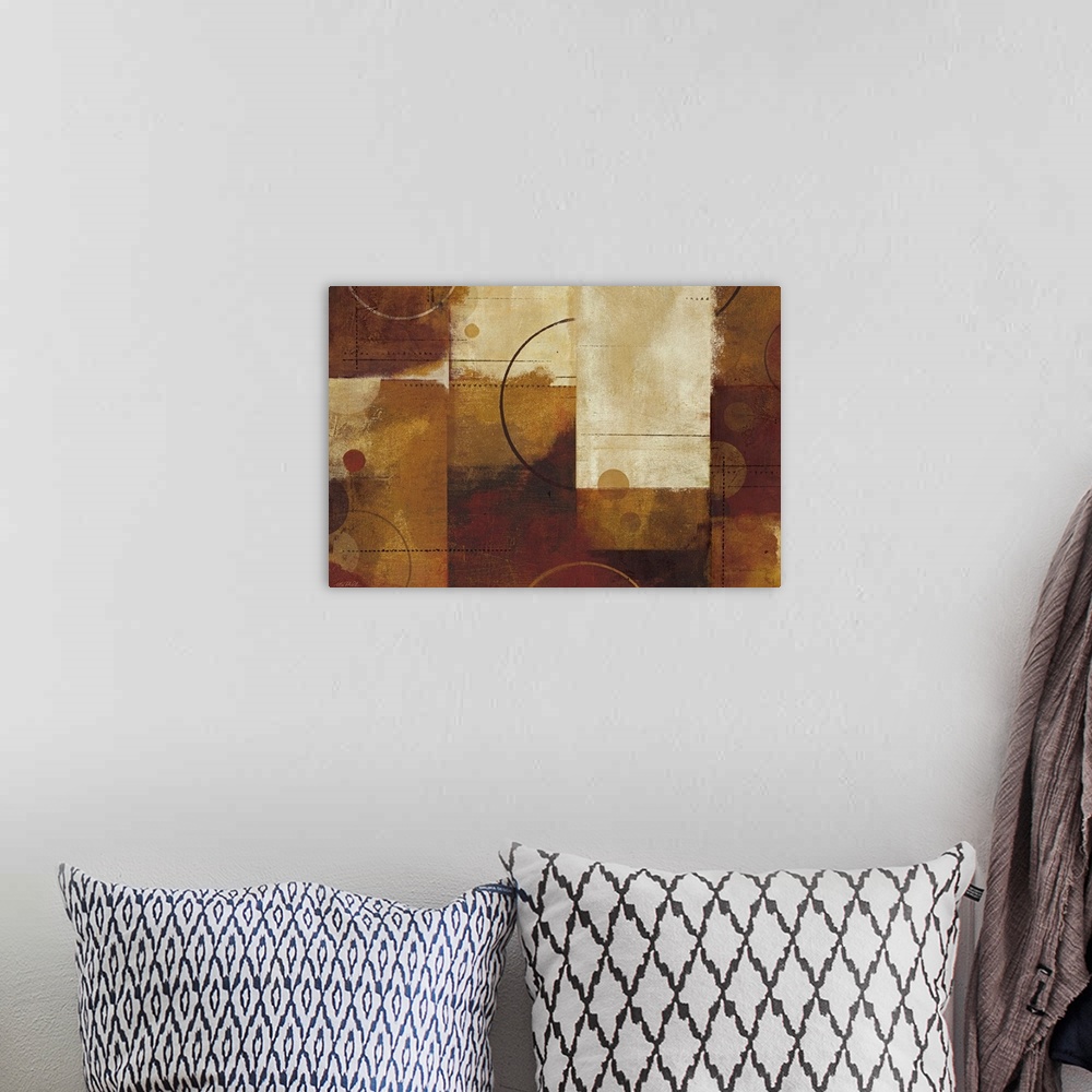 A bohemian room featuring This home docor wall art is a contemporary abstract painting with grid areas of color, straight l...
