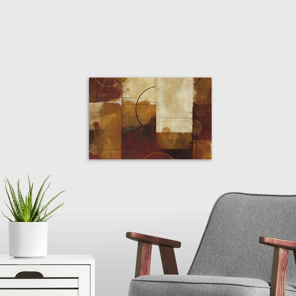 A modern room featuring This home docor wall art is a contemporary abstract painting with grid areas of color, straight l...