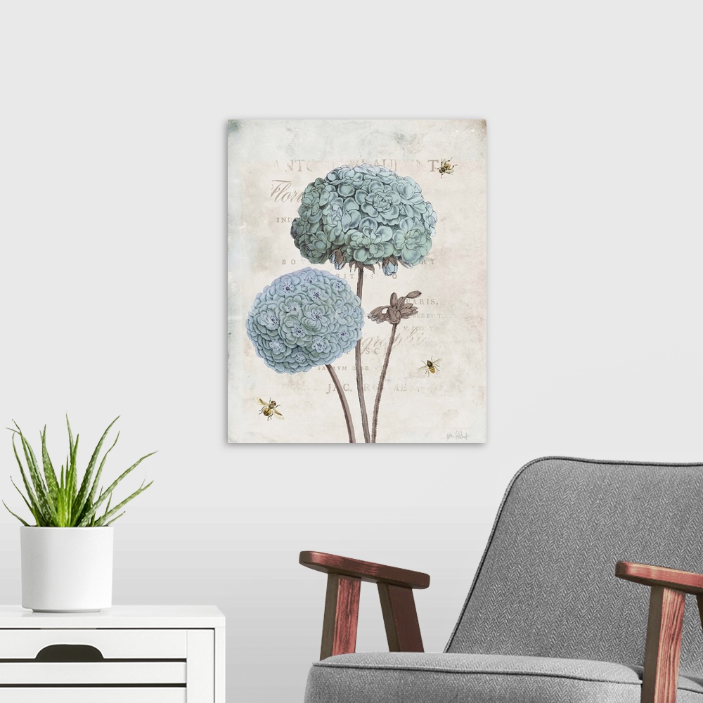 A modern room featuring Vintage illustration of blue geraniums and bumble bees with faded text on the background.