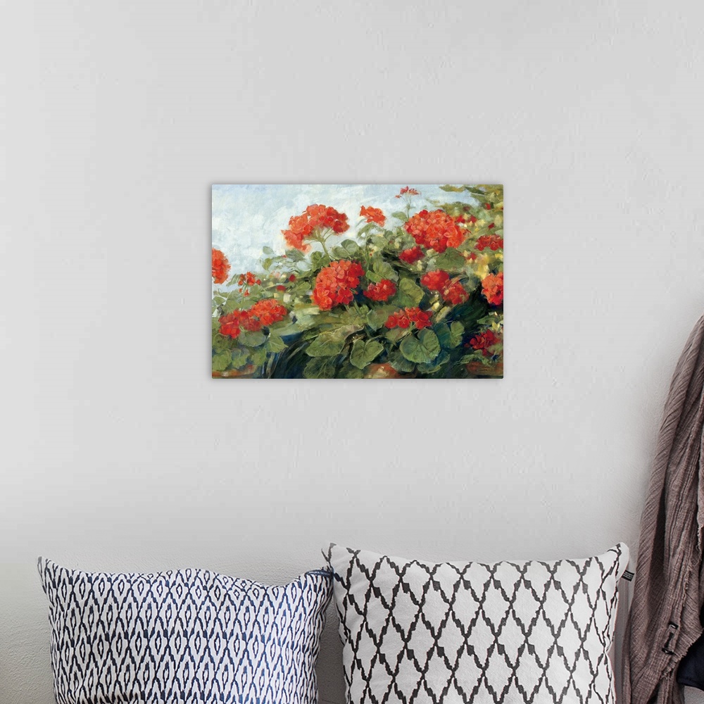 A bohemian room featuring This realistic still life painting by a contemporary artist of garden plants growing in terra cot...