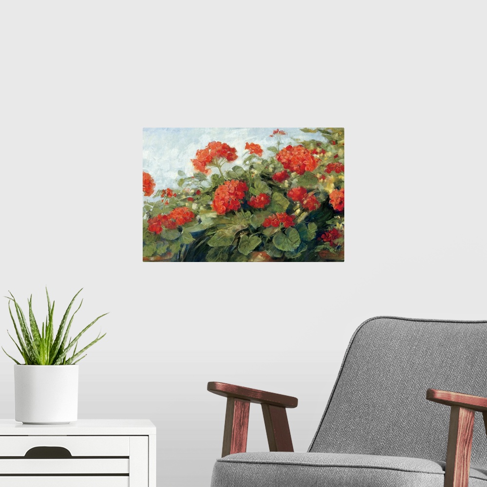A modern room featuring This realistic still life painting by a contemporary artist of garden plants growing in terra cot...