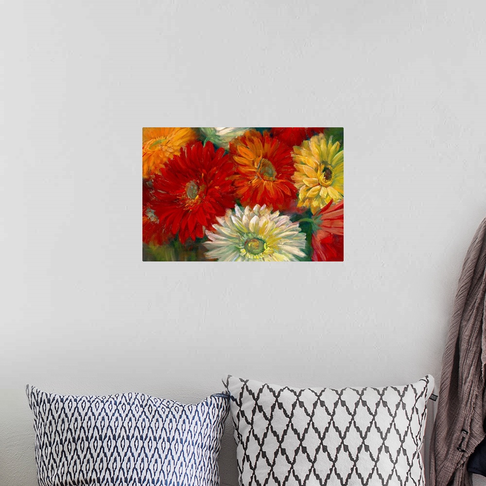 A bohemian room featuring Contemporary  painting of multicolored daisy bunch.