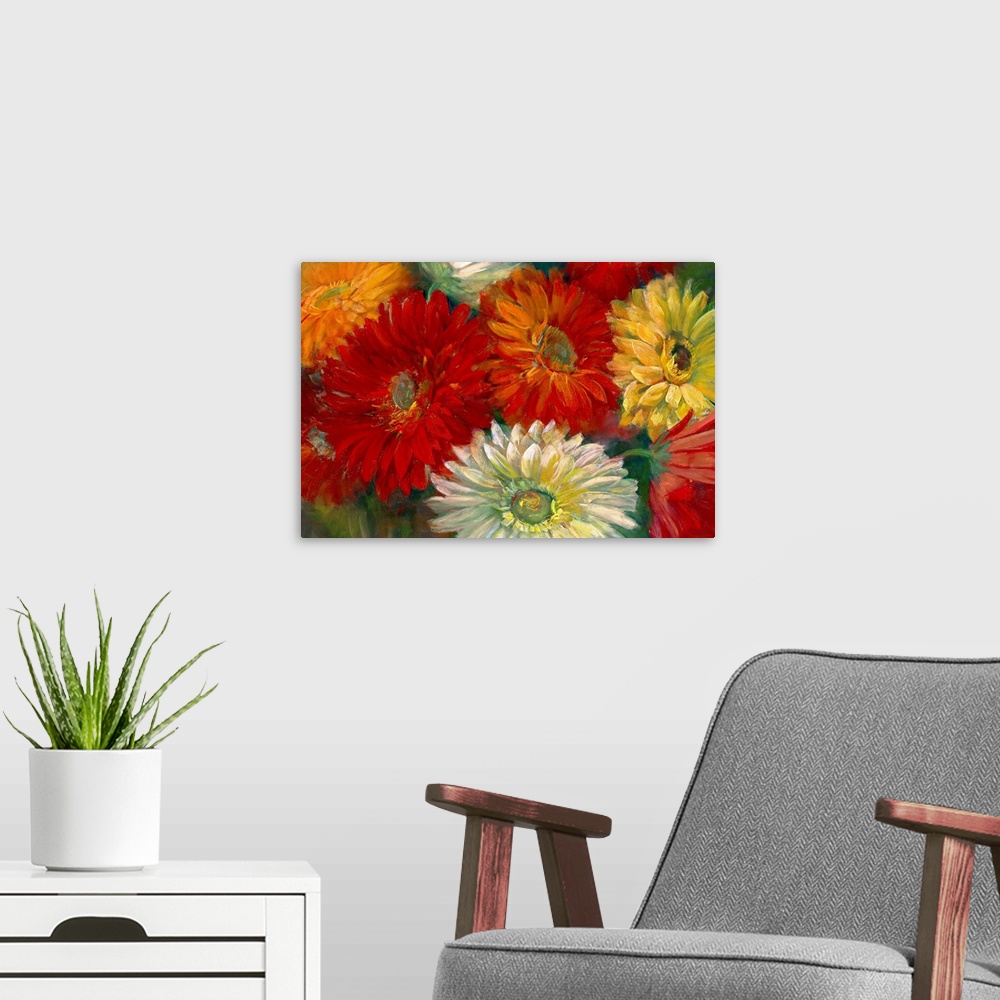 A modern room featuring Contemporary  painting of multicolored daisy bunch.