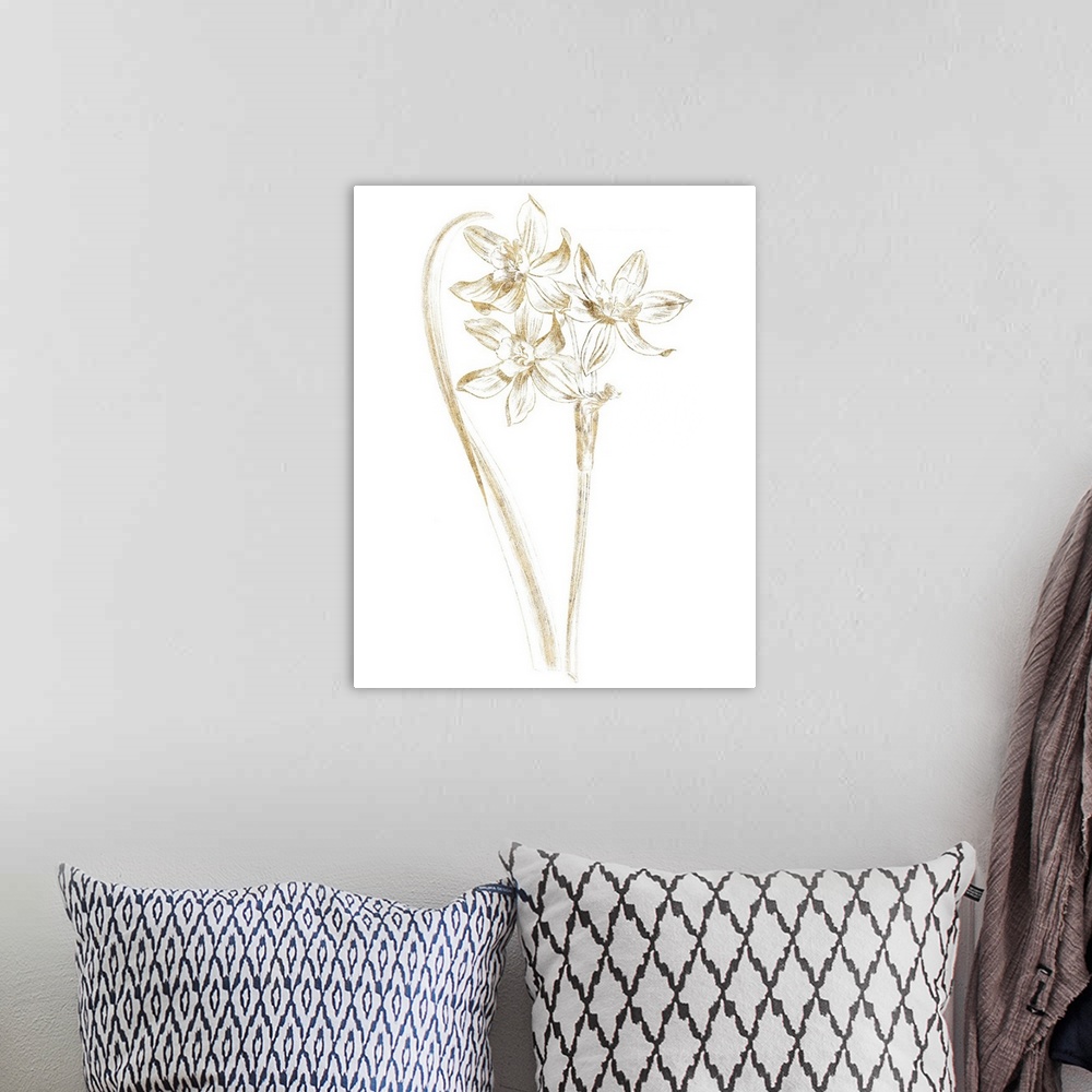 A bohemian room featuring Gold illustration of daffodils on a solid white background.