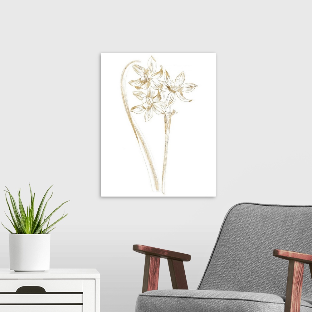 A modern room featuring Gold illustration of daffodils on a solid white background.