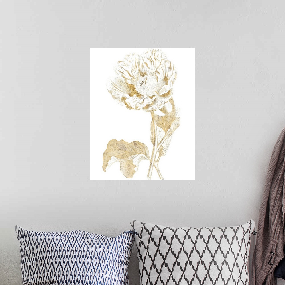 A bohemian room featuring Gold illustration of a peony on a solid white background.