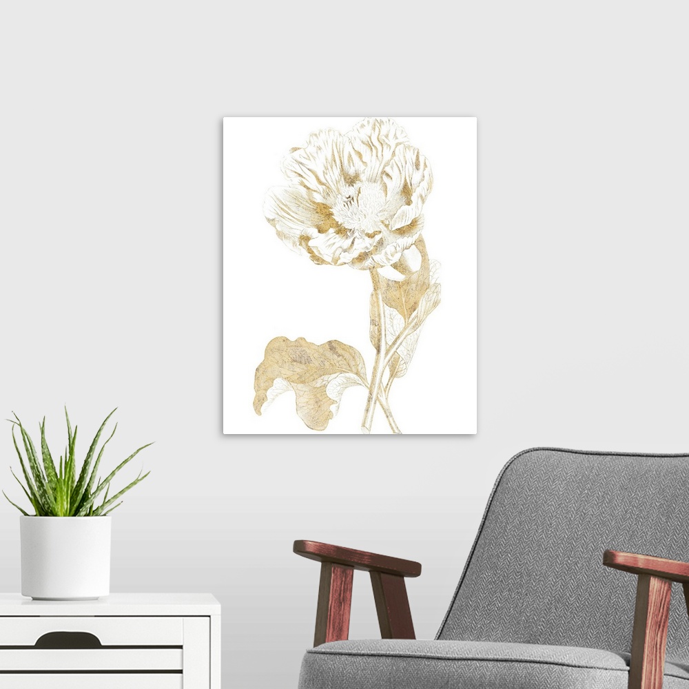 A modern room featuring Gold illustration of a peony on a solid white background.