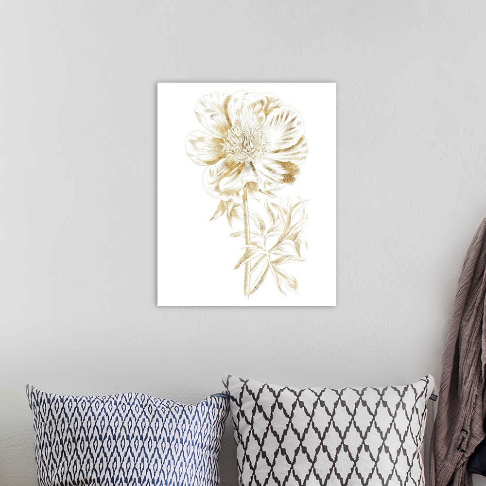 A bohemian room featuring Gold illustration of a peony on a solid white background.