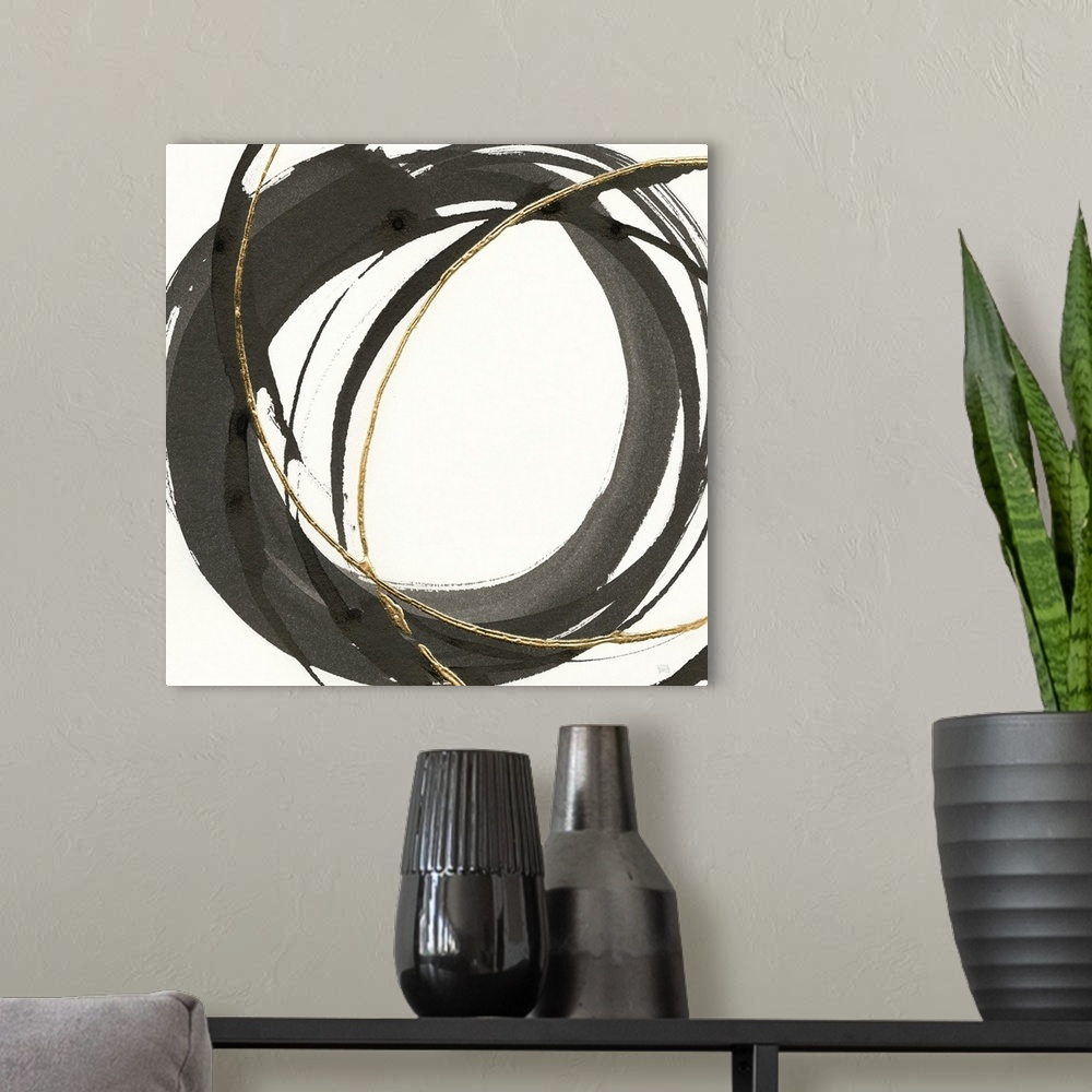 A modern room featuring Abstract painting with black and gold circles layered on top of each other on a white, square bac...