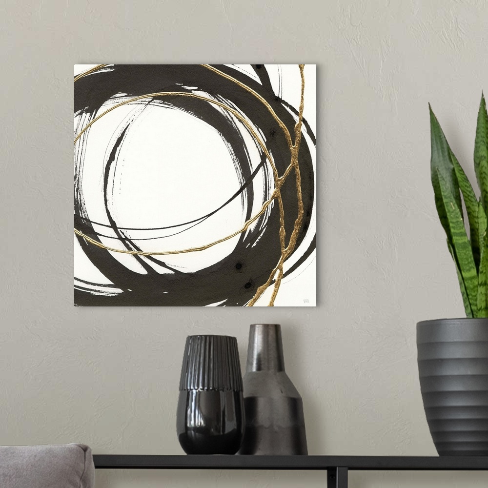 A modern room featuring Abstract painting with black and gold circles layered on top of each other on a white, square bac...