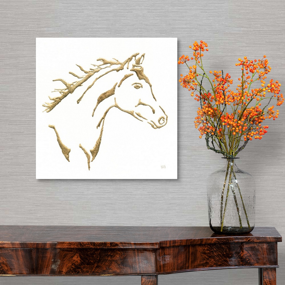 A traditional room featuring Metallic gold outlined illustration of a horse on a  square solid white background.