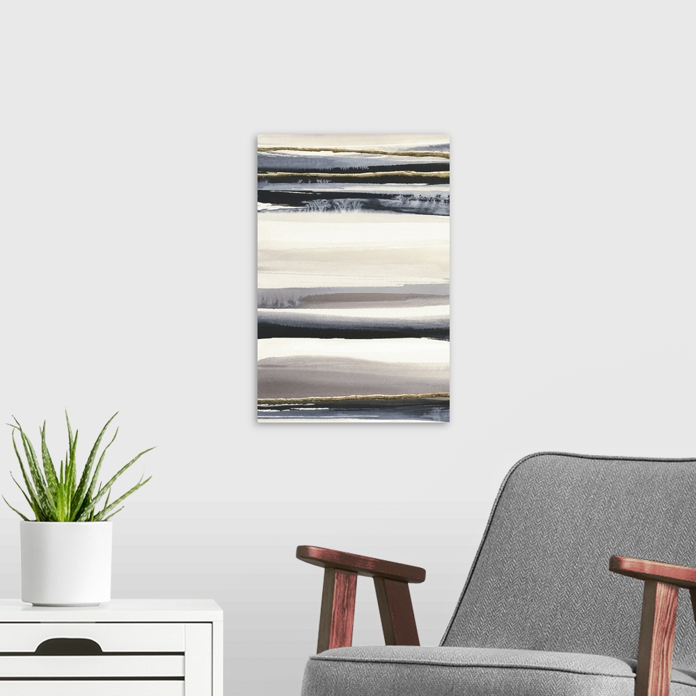 A modern room featuring Abstract contemporary painting with horizontal stripes in black, grey, and gold.