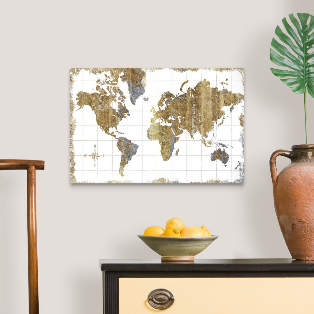 A traditional room featuring A world map with a compass rose done in metallic tones.
