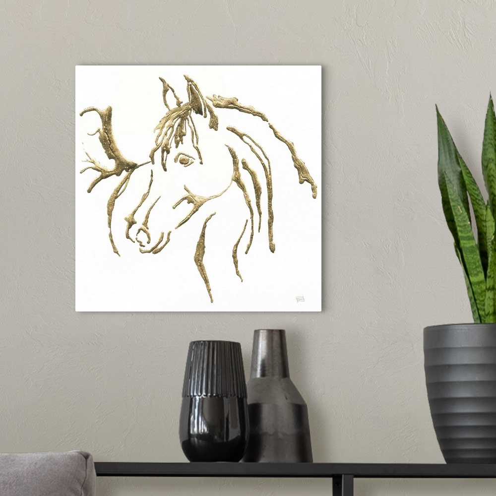 A modern room featuring Metallic gold outlined illustration of a horse on a  square solid white background.