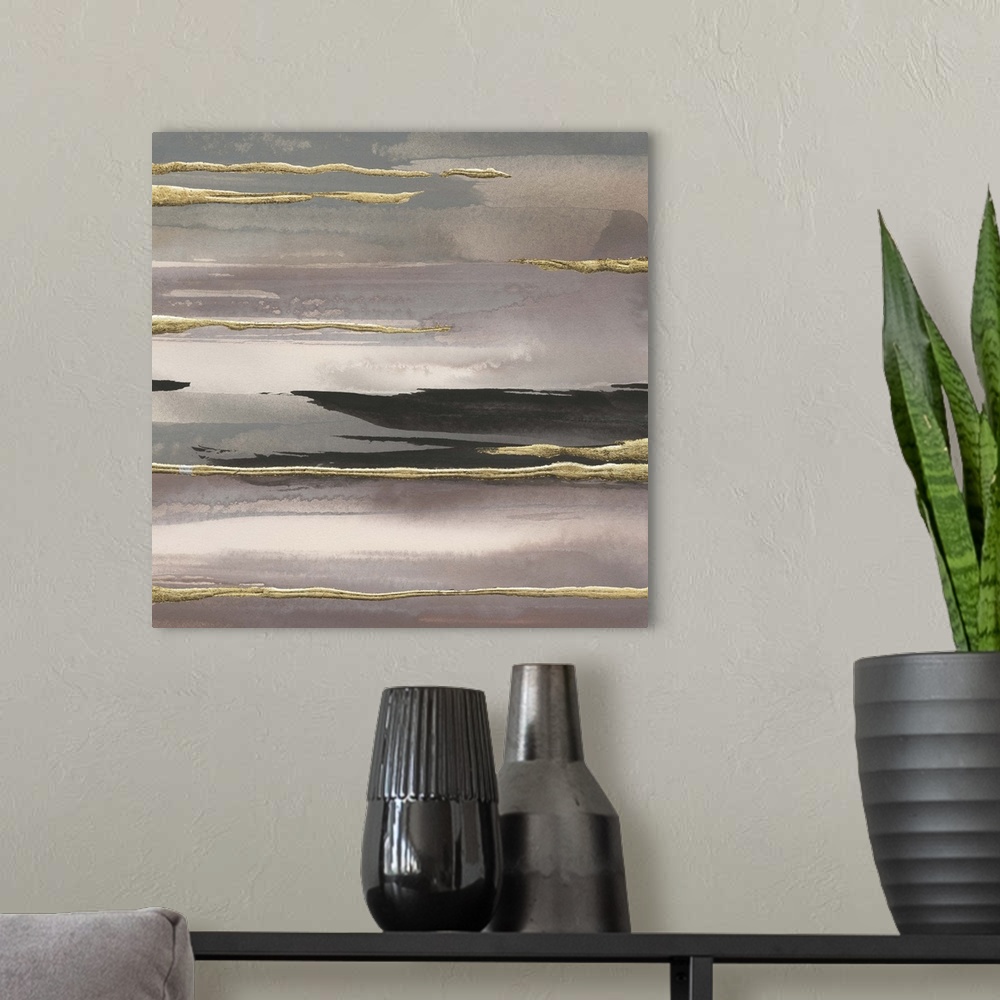 A modern room featuring Square watercolor painting with pink, purple, and gray fading layers and metallic gold and black ...