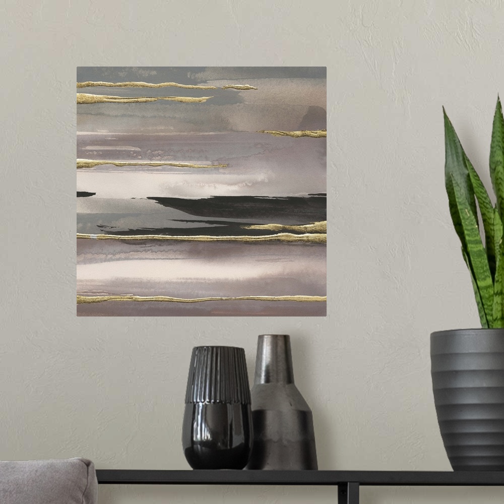 A modern room featuring Square watercolor painting with pink, purple, and gray fading layers and metallic gold and black ...