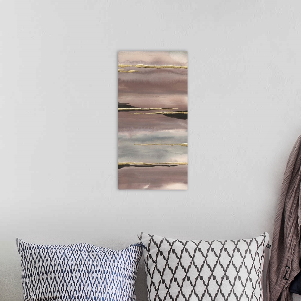 A bohemian room featuring Vertical watercolor painting with pink, purple, and gray fading layers and metallic gold and blac...