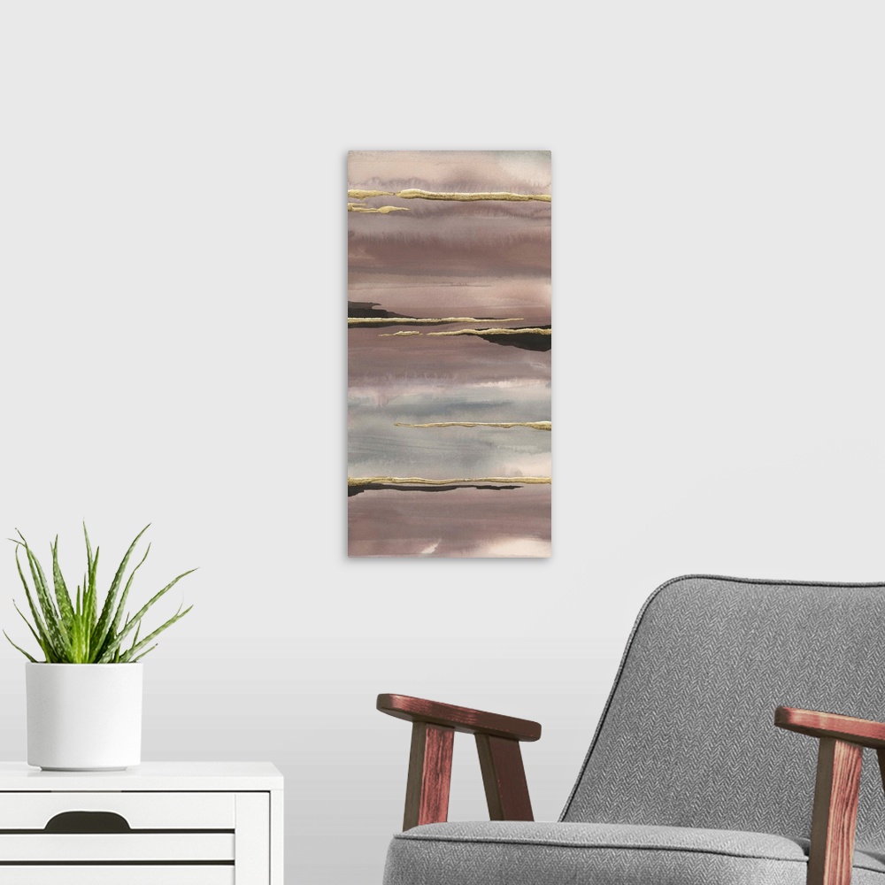 A modern room featuring Vertical watercolor painting with pink, purple, and gray fading layers and metallic gold and blac...