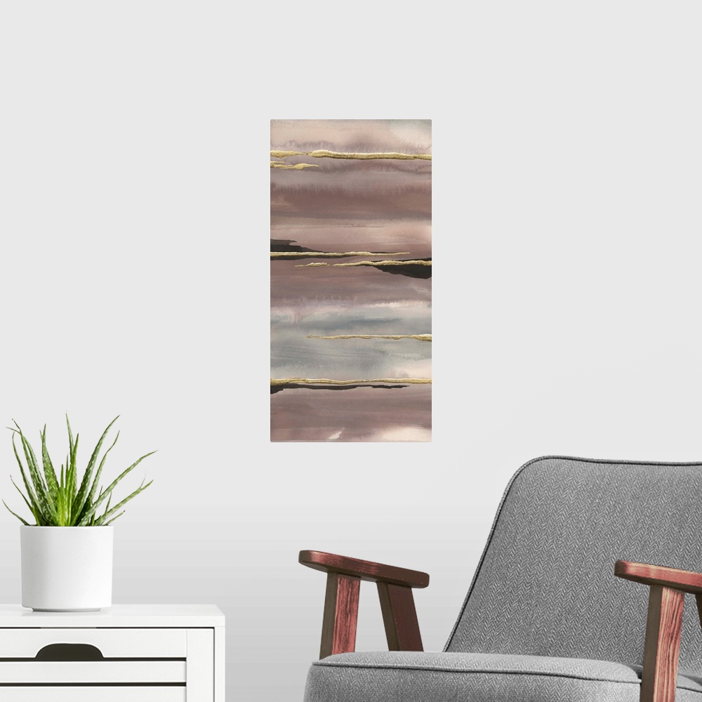 A modern room featuring Vertical watercolor painting with pink, purple, and gray fading layers and metallic gold and blac...