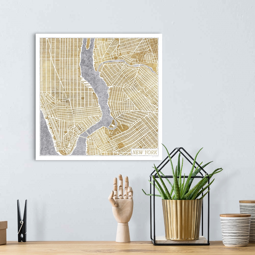 A bohemian room featuring City street art map of New York City.