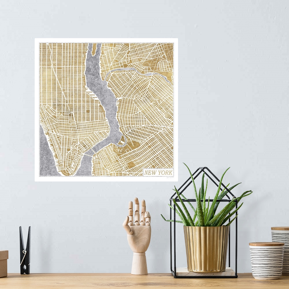A bohemian room featuring City street art map of New York City.