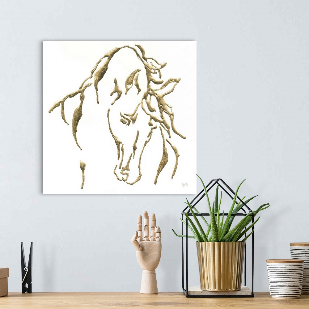 A bohemian room featuring Metallic gold outlined illustration of a horse on a  square solid white background.