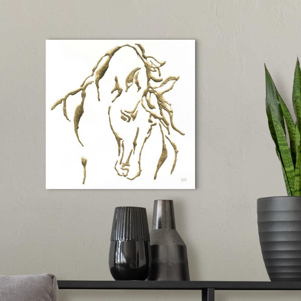 A modern room featuring Metallic gold outlined illustration of a horse on a  square solid white background.