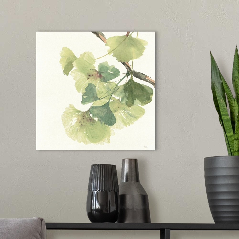 A modern room featuring Square watercolor painting of a branch with ginkgo leaves in shades of green on a white background.