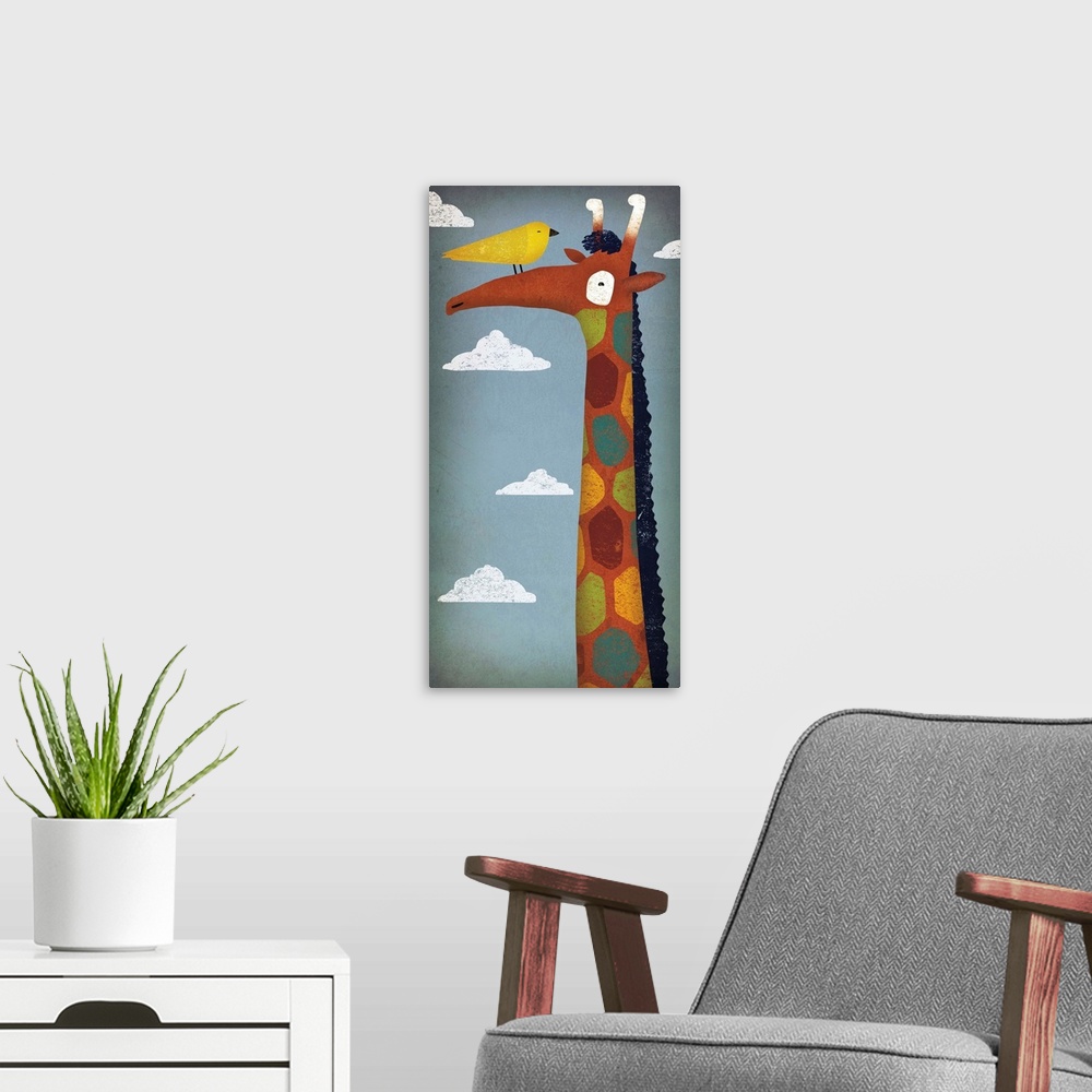 A modern room featuring Cute illustration of a giraffe with colorful spots and a yellow bird on its nose.
