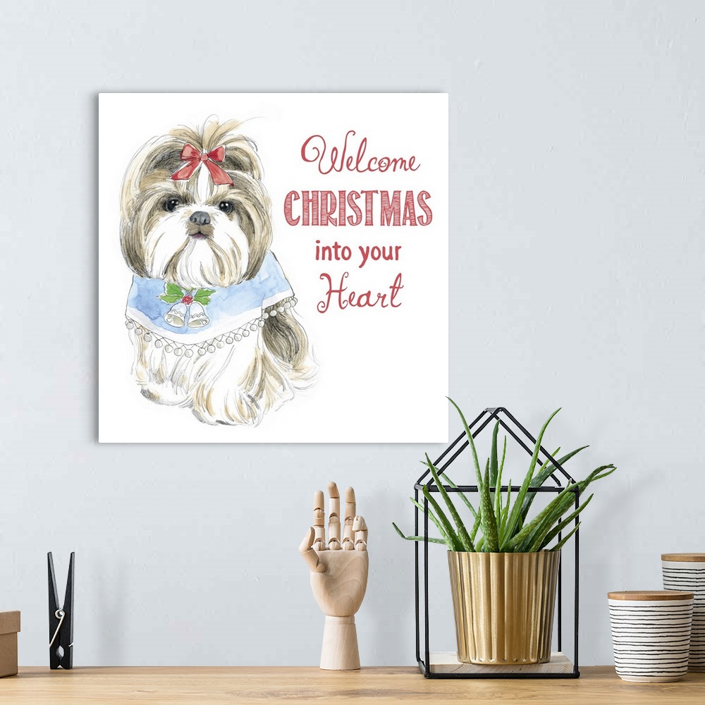A bohemian room featuring Square watercolor painting of a Shih Tzu wearing a Christmas bib with bells on it and the phrase ...
