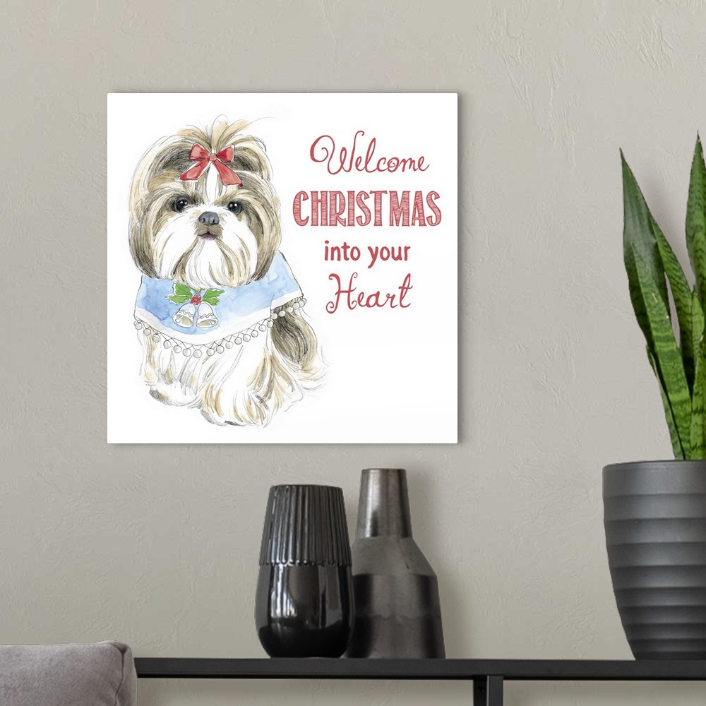 A modern room featuring Square watercolor painting of a Shih Tzu wearing a Christmas bib with bells on it and the phrase ...