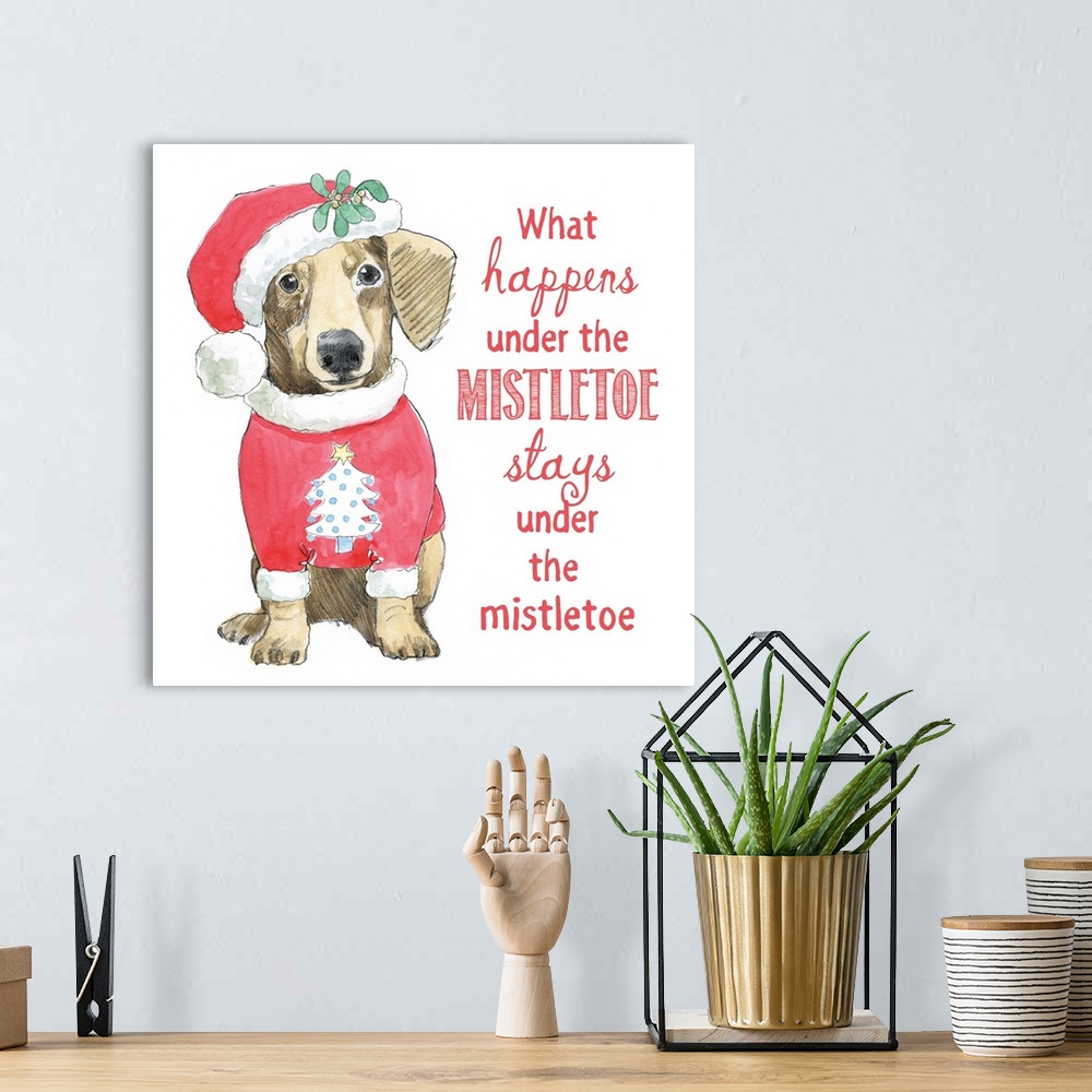 A bohemian room featuring Square watercolor painting of a Dachshund wearing a Christmas tree sweater with a Santa hat that ...