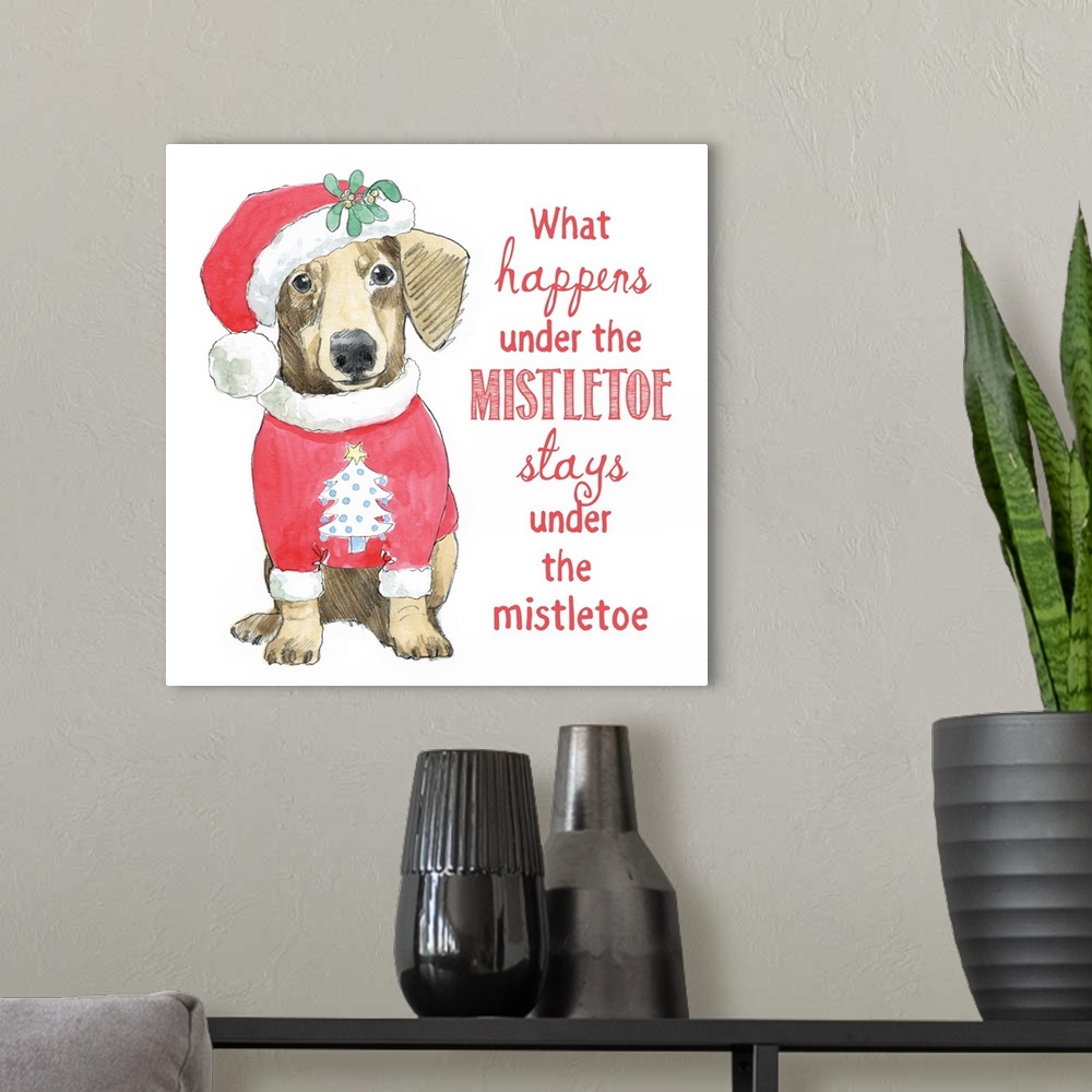 A modern room featuring Square watercolor painting of a Dachshund wearing a Christmas tree sweater with a Santa hat that ...
