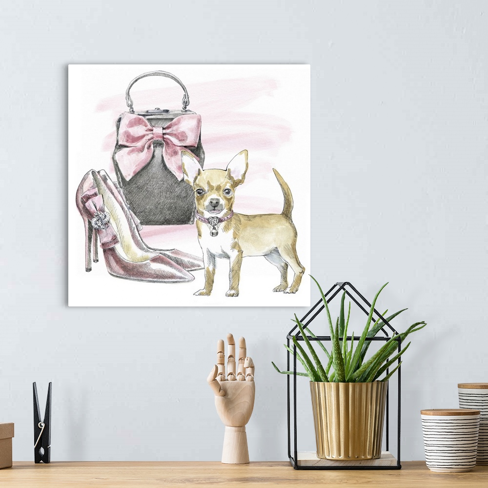 A bohemian room featuring Square watercolor painting of a Chihuahua with a pair of stylish pink high feels and a purse.