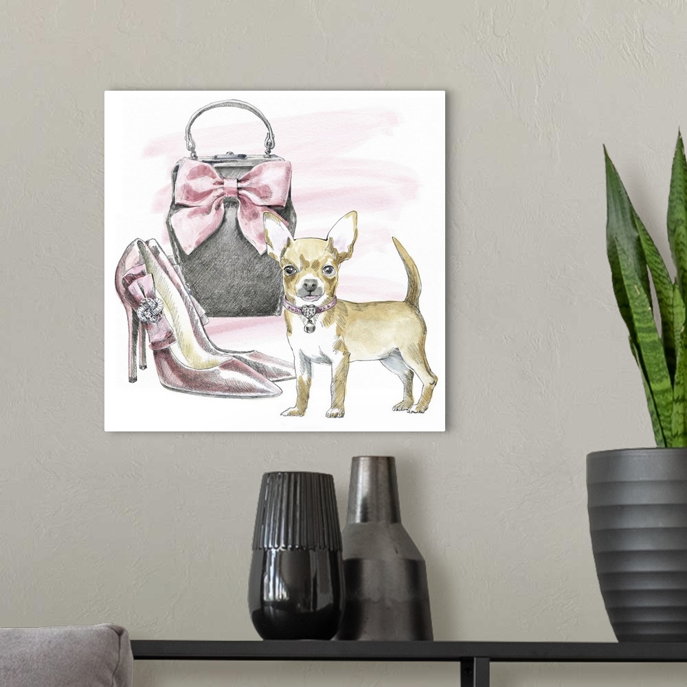 A modern room featuring Square watercolor painting of a Chihuahua with a pair of stylish pink high feels and a purse.