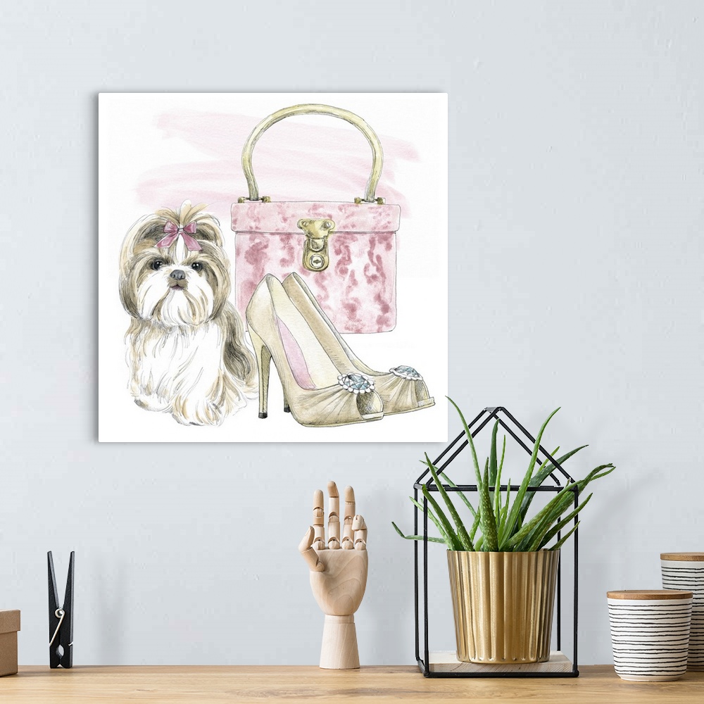 A bohemian room featuring Square watercolor painting of a Shih Tzu with a pair of tan high heels and a pink purse.