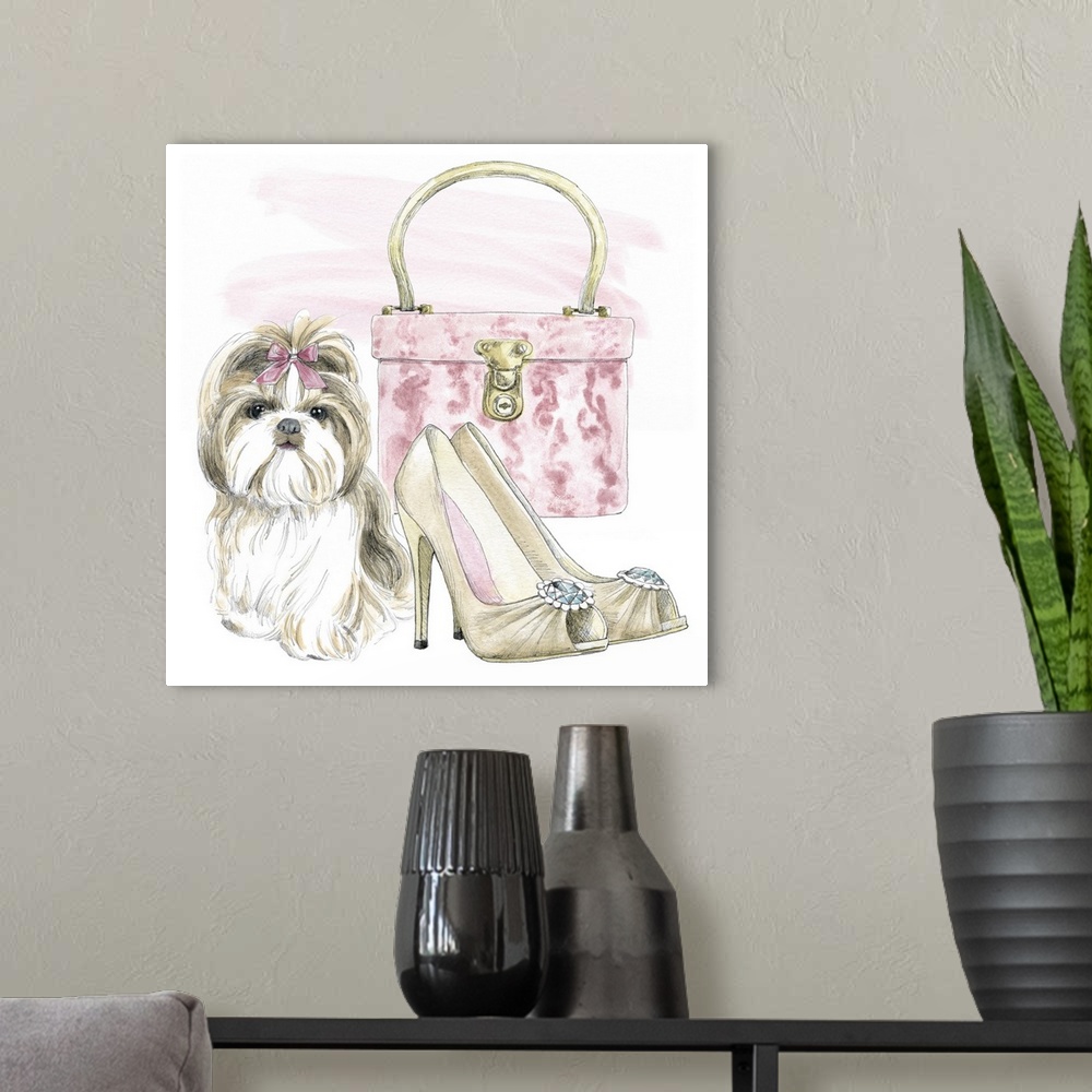 A modern room featuring Square watercolor painting of a Shih Tzu with a pair of tan high heels and a pink purse.