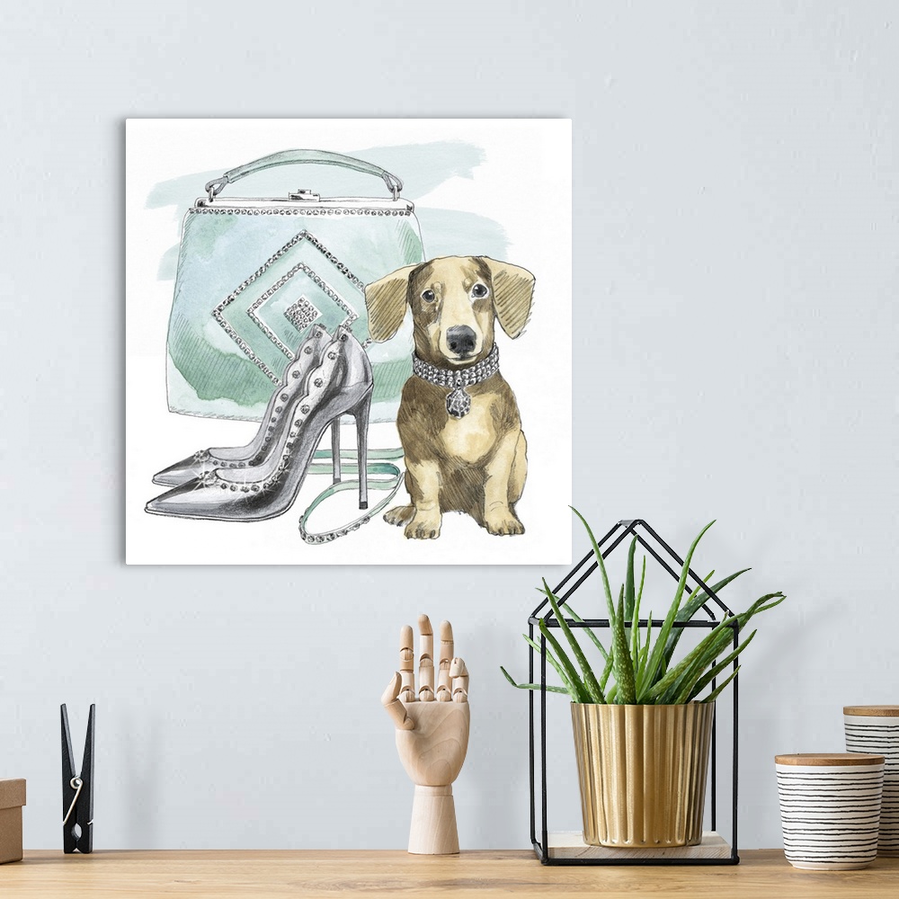 A bohemian room featuring A square watercolor painting of a Dachshund with a pair of black high heels and a blue-green purse.