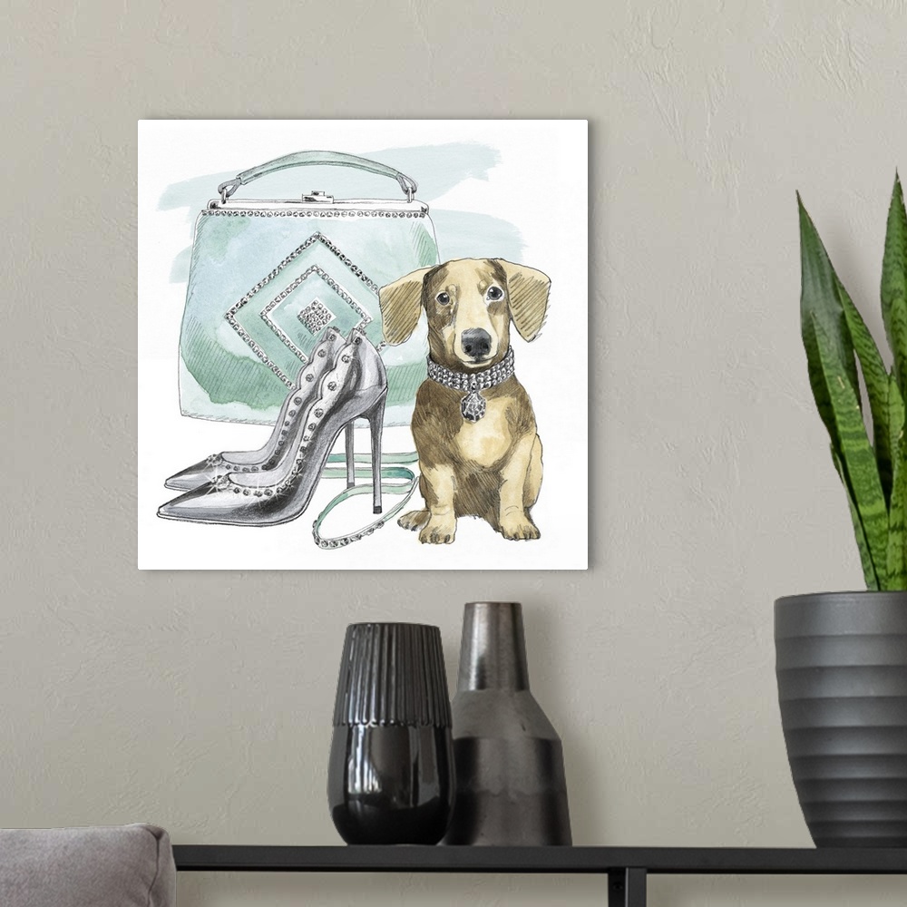 A modern room featuring A square watercolor painting of a Dachshund with a pair of black high heels and a blue-green purse.